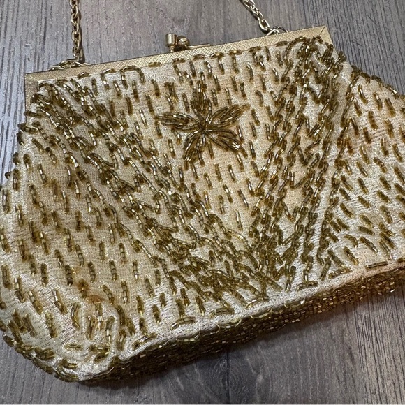 Vtg Gold Beaded Small Cocktail Purse Evening Bag Flapper 20s Satin Lining - Picture 2 of 8